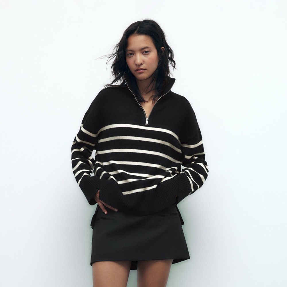Zara Black & White Quarter Zip Pullover Sweater Size Medium - Picture 2 of 13
